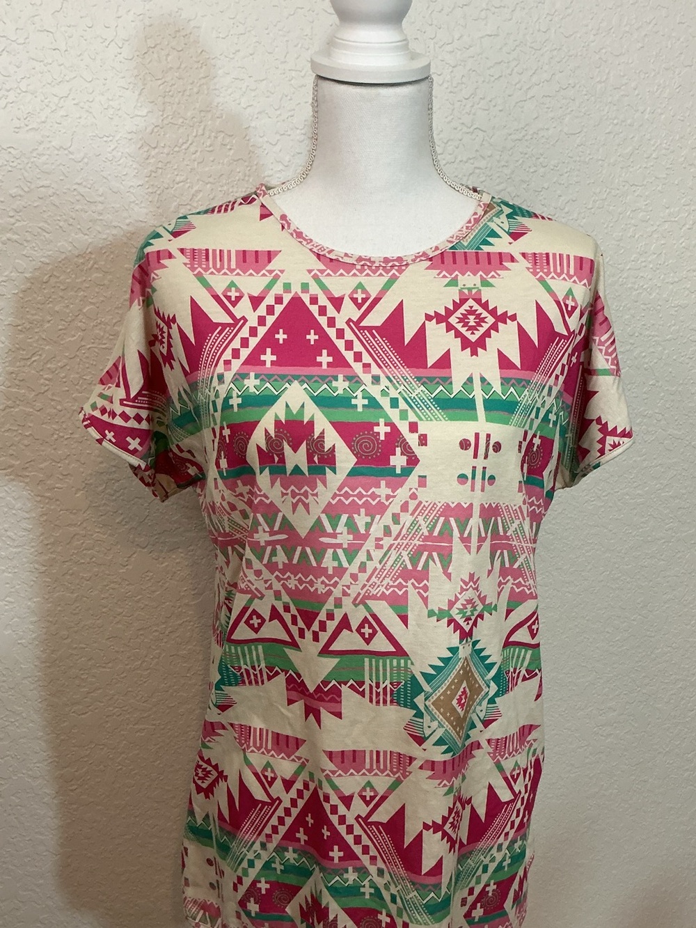 “Southern Stitch” Aztec Print Short Sleeve Top in Pink & Teal